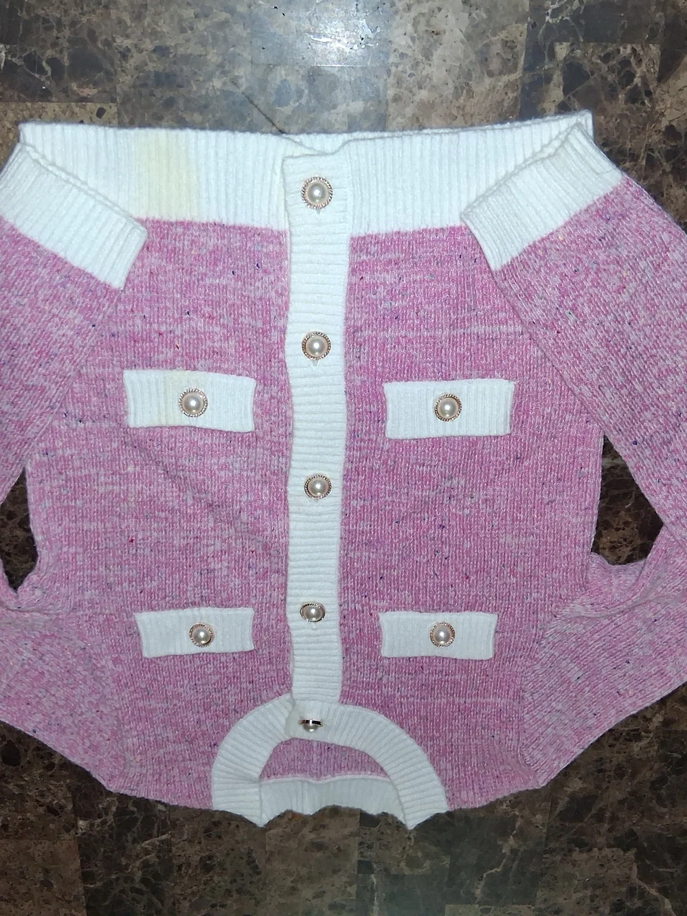 Pink Knit Cardigan with White Trim - Picture 3 of 4